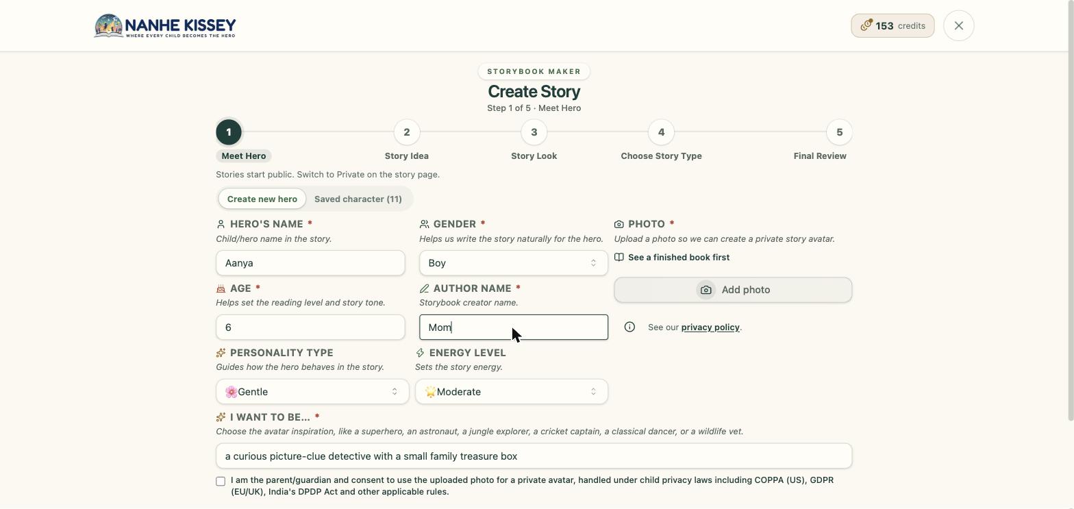 The first step of the story wizard, where you name the hero and add a photo.