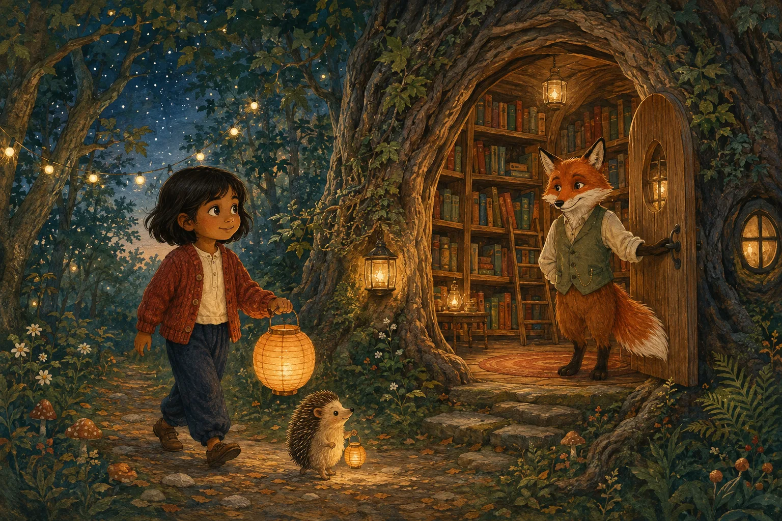 Noor and a hedgehog carry glowing lanterns to a woodland library, where a fox welcomes them.